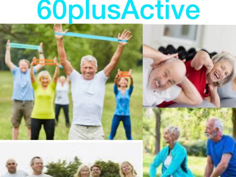 Aktive Senioren bei verschiedenen Fitnessübungen im Freien.